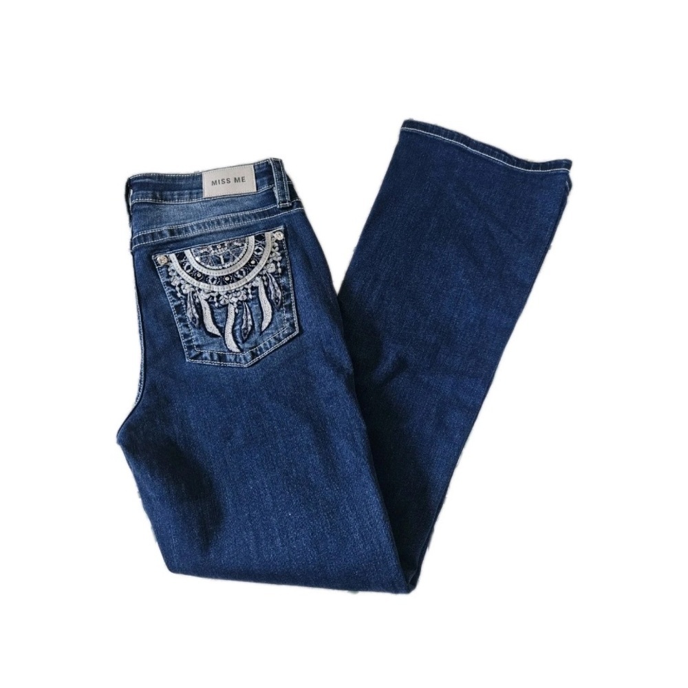 Miss Me Dark Blue Wide Leg Jeans with Embroidered & Beaded Back Pocket